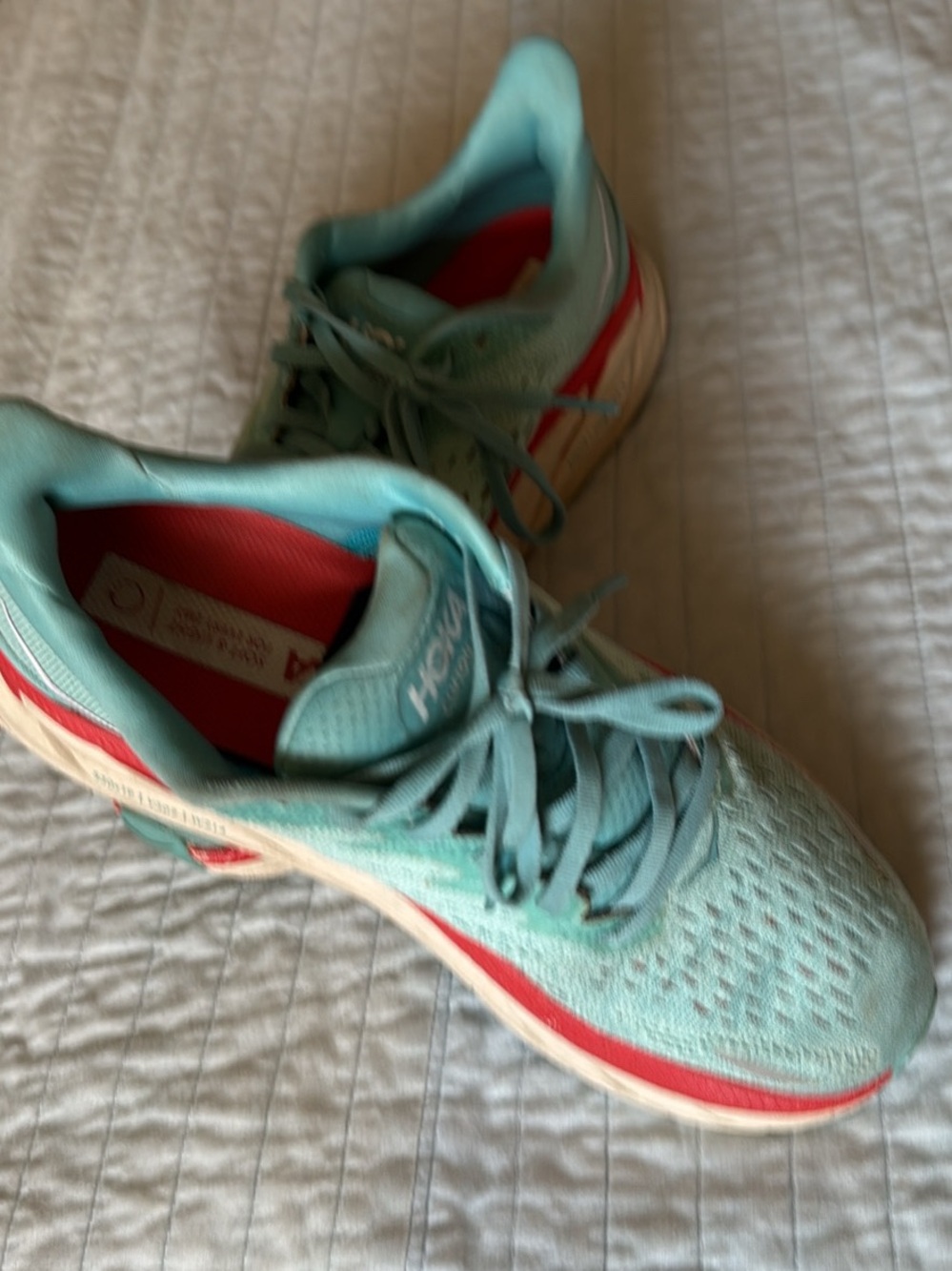 Hoka Clifton Womens Teal Athletic Running Shoes with Coral Trim size 8